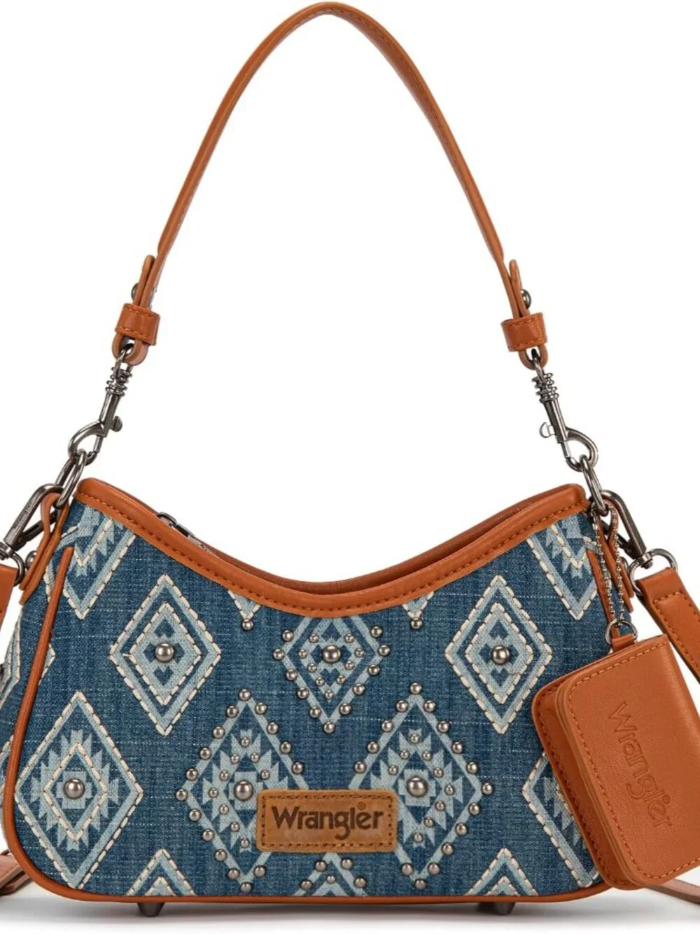 Wrangler Shoulder Bag for Women Denim Rivet Hobo Purse With Detachable Pouch